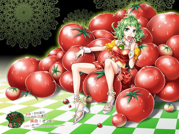Anime picture 1200x900 with vocaloid hey! eat a tomato?! (vocaloid) gumi kitano tomotoshi single looking at viewer short hair open mouth sitting green eyes barefoot green hair spread legs legs eating girl hair ornament shoes hairclip wrist cuffs