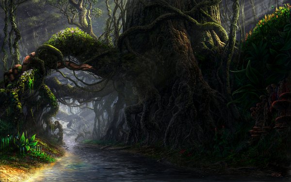 Anime picture 1680x1050 with original fel-x (artist) wide image sunlight wallpaper river nature plant (plants) animal tree (trees) bird (birds) insect butterfly grass branch forest mushroom (mushrooms) deer