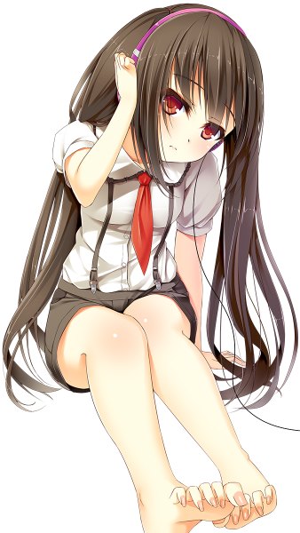 Anime picture 676x1200 with original peragura single long hair tall image looking at viewer black hair simple background red eyes white background barefoot legs girl necktie shorts headphones
