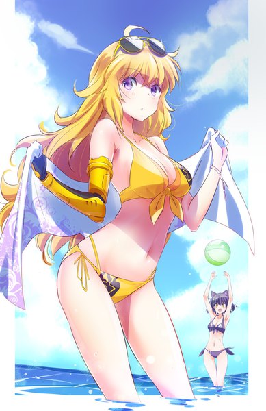 Anime picture 1558x2400 with rwby rooster teeth blake belladonna yang xiao long iesupa long hair tall image looking at viewer short hair breasts light erotic black hair blonde hair large breasts standing purple eyes multiple girls holding animal ears sky