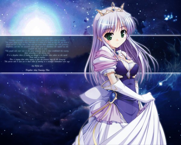 Anime picture 1280x1024 with yoake mae yori ruri iro na august soft feena fam earthlight single long hair looking at viewer fringe breasts simple background holding green eyes cleavage purple hair head tilt short sleeves wallpaper puffy sleeves girl dress gloves