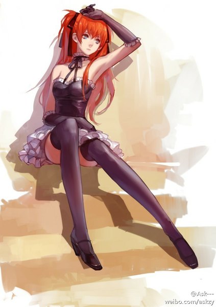 Anime picture 687x974 with neon genesis evangelion gainax soryu asuka langley ask (askzy) single long hair tall image fringe breasts blue eyes sitting looking away full body red hair lips shadow armpit (armpits) alternate costume sleeveless eyebrows