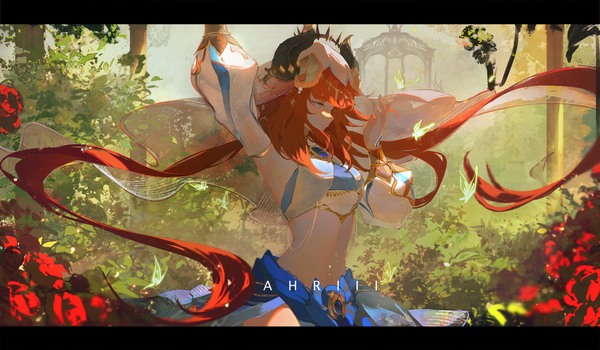 Anime picture 3447x2011 with genshin impact nilou (genshin impact) ahriii single highres blue eyes wide image twintails signed absurdres red hair very long hair profile horn (horns) midriff low twintails letterboxed dancing girl detached sleeves