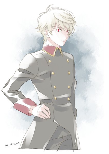 Anime picture 573x809 with aldnoah.zero a-1 pictures slaine troyard ar (rikuesuto) single tall image looking at viewer fringe short hair simple background hair between eyes red eyes standing signed ahoge white hair hand on hip alternate eye color boy uniform
