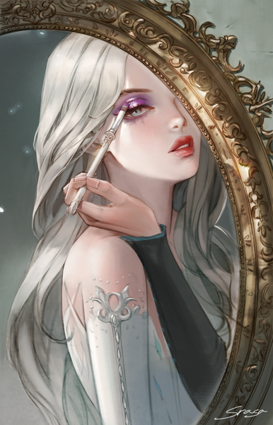 Anime picture 1404x2182 with frozen (disney) disney elsa (frozen) srasa single long hair tall image looking at viewer blonde hair holding signed upper body parted lips aqua eyes lipstick reflection eyeshadow red lipstick pov makeup