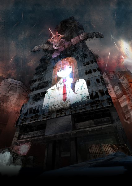 Anime picture 1920x2705 with steins;gate white fox makise kurisu huke single long hair tall image fringe highres hair between eyes purple eyes game cg sky cloud (clouds) upper body orange hair from below rain hair over shoulder destruction