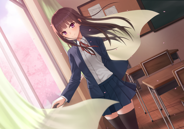 Anime picture 2098x1481 with original kurisu-kun single long hair looking at viewer blush fringe highres smile brown hair standing purple eyes blunt bangs pleated skirt wind open clothes dutch angle zettai ryouiki arm behind back classroom
