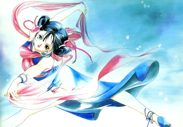 Anime picture 2888x2000 with kakinouchi narumi highres blue hair lips heterochromia blue background girl dress hair ornament bracelet scarf blue dress