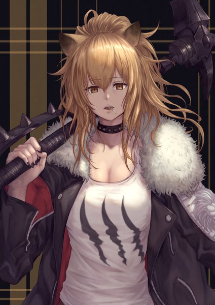 Anime picture 2480x3508 with arknights siege (arknights) yasu (segawahiroyasu) single long hair tall image looking at viewer fringe highres breasts simple background blonde hair hair between eyes standing holding animal ears yellow eyes cleavage ponytail nail polish