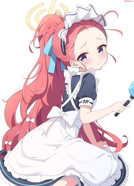 Anime-Bild 2200x3050 mit blue archive yuzu (blue archive) yuzu (maid) (blue archive) exusiai dust single long hair tall image blush highres simple background white background sitting ponytail red hair looking back maid grey eyes embarrassed official alternate costume wariza