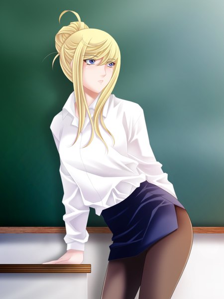 Anime picture 1200x1600 with metroid samus aran tamamon single long hair tall image blue eyes blonde hair looking away teacher girl skirt shirt pantyhose
