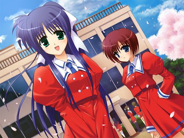 Anime picture 1024x768 with sakura machizaka stories (game) blue eyes multiple girls green eyes game cg purple hair red hair girl 2 girls serafuku