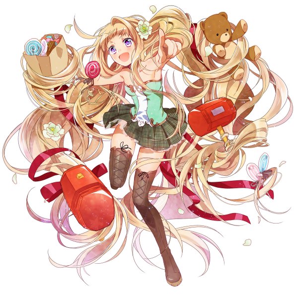 Anime picture 1200x1200 with rapunzel (grimm) grimm's fairy tales rapunzel murakami yuichi single long hair open mouth blue eyes simple background blonde hair smile white background purple eyes bare shoulders very long hair pleated skirt hair flower sleeveless plaid skirt lacing