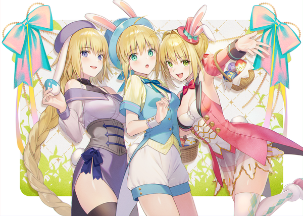 Anime picture 1201x858 with fate (series) fate/grand order artoria pendragon (all) saber jeanne d'arc (fate) (all) nero claudius (fate) jeanne d'arc (fate) nero claudius (fate/extra) tokki long hair looking at viewer blush fringe short hair open mouth blonde hair smile hair between eyes standing purple eyes