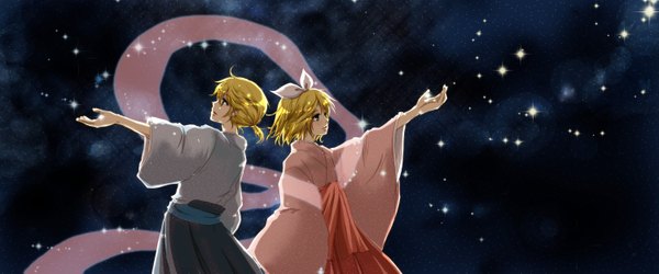 Anime picture 3000x1250 with vocaloid kagamine rin kagamine len highres blonde hair wide image green eyes traditional clothes japanese clothes night night sky couple outstretched arm back to back space girl boy bow kimono star (stars)