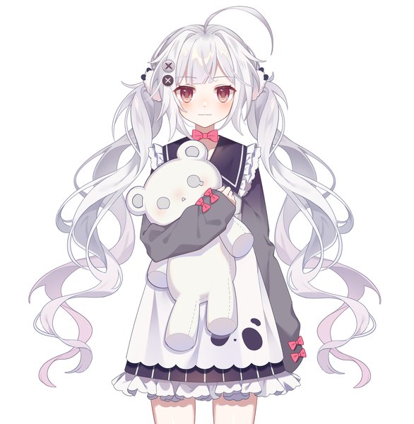 Anime picture 2000x2049 with virtual youtuber nijisanji virtuareal koxia (virtuareal) akira (ying) single long hair tall image looking at viewer blush highres simple background standing white background twintails brown eyes silver hair ahoge official art wavy hair