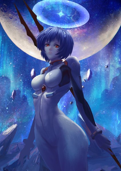 Anime-Bild 1080x1528 mit neon genesis evangelion gainax ayanami rei moeark single tall image looking at viewer short hair breasts red eyes blue hair sky parted lips covered navel arched back girl gloves navel weapon white gloves