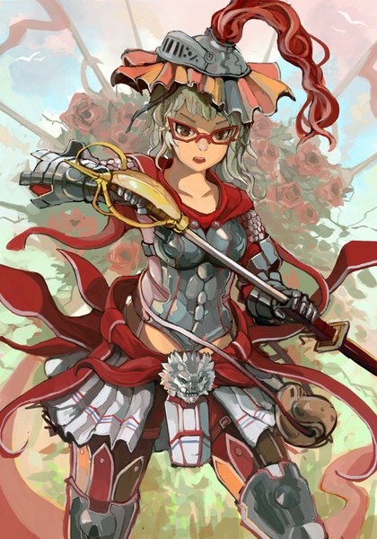 Anime picture 1100x1571 with original alchemaniac single tall image looking at viewer short hair open mouth standing brown eyes teeth fang (fangs) girl gloves flower (flowers) weapon sword glasses armor rose (roses) helmet