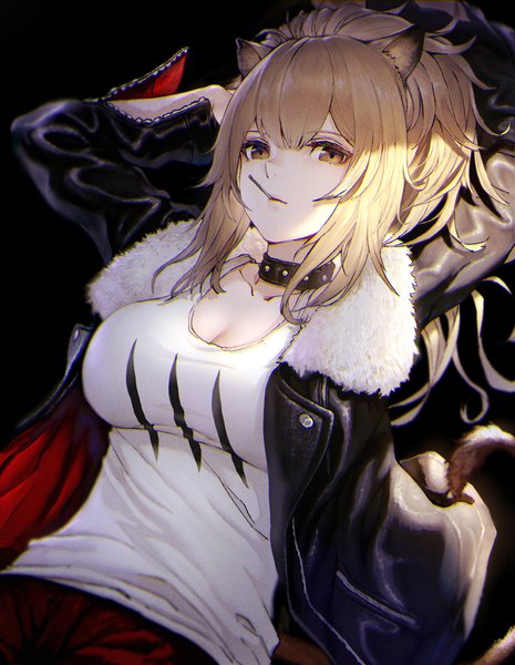 Anime picture 730x941 with arknights siege (arknights) hisahisahisahisa single long hair tall image looking at viewer fringe breasts simple background blonde hair hair between eyes holding animal ears yellow eyes cleavage tail long sleeves animal tail arms up