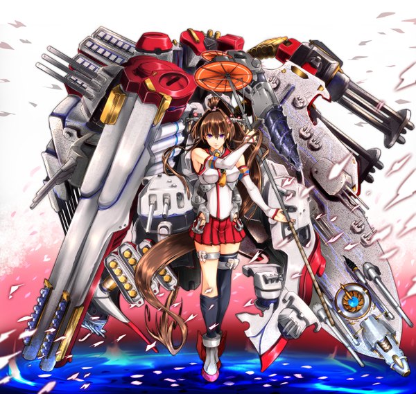 Anime picture 1400x1329 with kantai collection yamato super battleship big.g single looking at viewer brown hair purple eyes ponytail very long hair girl thighhighs skirt weapon detached sleeves socks single thighhigh