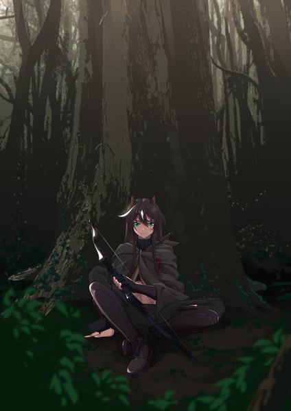 Anime picture 2480x3507 with arknights meteor (arknights) shijie jianfa single long hair tall image looking at viewer fringe highres black hair hair between eyes sitting green eyes animal ears full body outdoors arm support horse ears against tree girl
