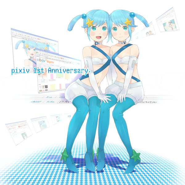 Anime picture 1000x1000 with original pixiv pixiv-tan mosuko blush short hair open mouth smile white background sitting multiple girls blue hair aqua eyes checkered floor twins anniversary girl gloves hair ornament 2 girls
