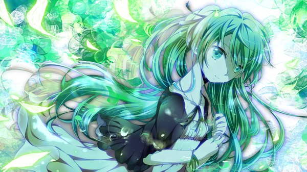 イラスト 1300x731 と ボーカロイド 初音ミク shinri ibitsu ソロ 長髪 笑顔 wide image 緑の目 green hair 女の子 リボン