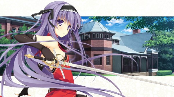 Anime picture 1280x720 with koikishi purely kiss fujimori yuu yuuki hagure long hair wide image purple eyes game cg purple hair girl weapon sword serafuku