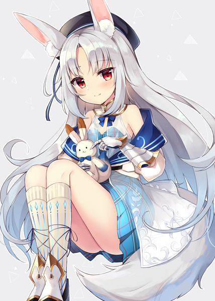 Anime picture 2976x4175 with dare ga tame no alchemist sharon (dare ga tame no alchemist) ruhika single long hair tall image looking at viewer blush fringe highres simple background smile red eyes sitting bare shoulders holding animal ears payot silver hair bent knee (knees)