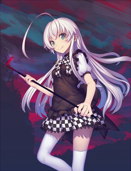 Anime picture 824x1080 with haiyore! nyaruko-san nyaruko yilan single long hair tall image looking at viewer smile green eyes ahoge white hair checkered girl thighhighs dress white thighhighs crowbar