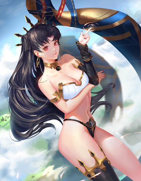Anime picture 900x1160 with fate (series) fate/grand order ishtar (fate) dongfangzhong111 single long hair tall image looking at viewer fringe breasts light erotic black hair red eyes large breasts sky cleavage cloud (clouds) outdoors nail polish arm up