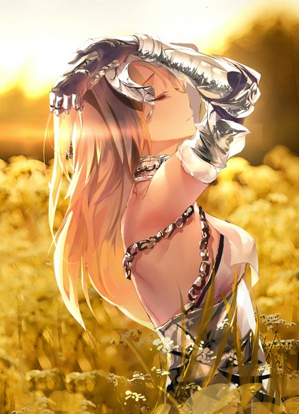 Anime picture 1519x2100 with fate (series) fate/grand order fate/apocrypha jeanne d'arc (fate) (all) jeanne d'arc (fate) eien no juu nana-sa single long hair tall image fringe breasts blonde hair standing upper body outdoors eyes closed profile sunlight blurry arms up