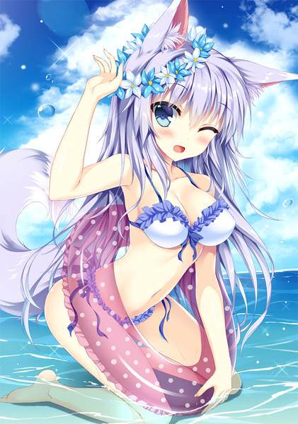 Anime picture 702x1000 with original tateha (marvelous grace) single long hair tall image looking at viewer blush breasts open mouth blue eyes light erotic animal ears blue hair tail animal tail one eye closed girl navel swimsuit bikini