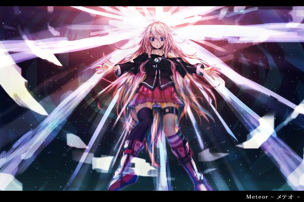 Anime picture 2000x1329 with vocaloid meteor (vocaloid) ia (vocaloid) exoda single long hair highres blue eyes pink hair spread arms girl thighhighs skirt black thighhighs miniskirt boots pink skirt