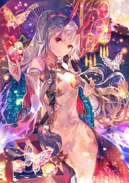 Anime picture 1125x1593 with fate (series) fate/grand order tomoe gozen (fate) rioka (southern blue sky) single long hair tall image looking at viewer fringe hair between eyes red eyes bare shoulders holding silver hair ponytail traditional clothes head tilt horn (horns) light smile wide sleeves