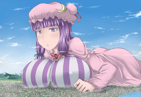 Anime picture 2320x1600 with touhou patchouli knowledge terada ochiko single long hair highres breasts light erotic large breasts purple eyes purple hair cloud (clouds) lying city crescent giant girl dress bonnet