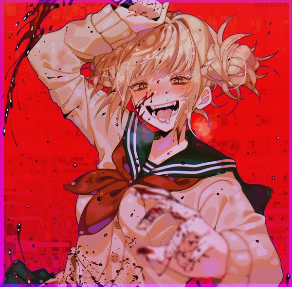 Anime picture 862x850 with boku no hero academia studio bones toga himiko chariko single looking at viewer blush short hair open mouth blonde hair yellow eyes payot upper body hair bun (hair buns) fang (fangs) border red background blood on face girl uniform