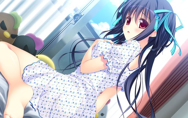 Anime picture 1280x800 with koisuru shimai no sextet kazaura kotone hatori piyoko single long hair looking at viewer blush open mouth red eyes sitting twintails blue hair game cg sky cloud (clouds) looking back barefoot embarrassed turning head hand on chest