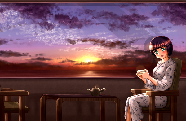 Anime picture 1600x1043 with original nonge blush short hair open mouth sitting green eyes purple hair cloud (clouds) traditional clothes japanese clothes evening sunset girl kimono