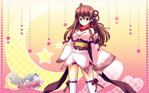Anime picture 1920x1200 with steal my heart highres light erotic brown hair wide image purple eyes game cg girl thighhighs short kimono