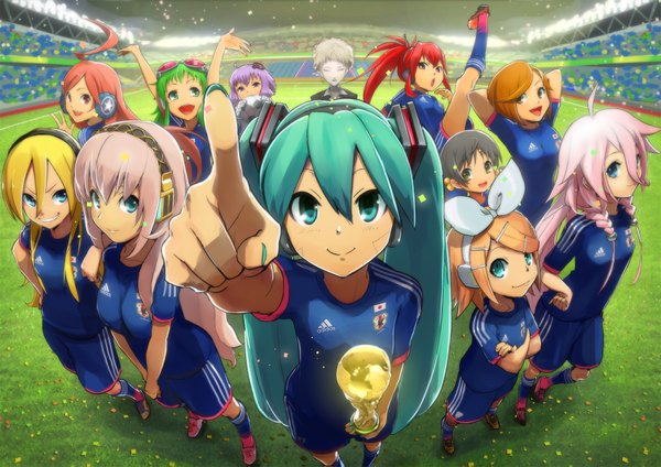 Anime picture 1750x1239 with vocaloid adidas world cup 2014 fifa world cup hatsune miku megurine luka kagamine rin gumi meiko ia (vocaloid) yuzuki yukari lily (vocaloid) miki (vocaloid) cul kaai yuki novelia long hair looking at viewer fringe highres