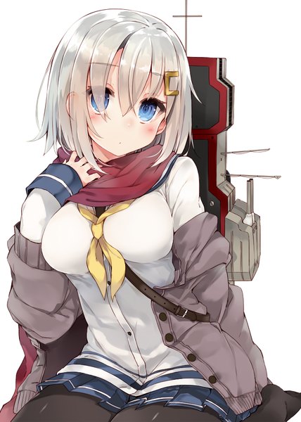 Anime picture 714x1000 with kantai collection hamakaze destroyer kou mashiro single tall image looking at viewer blush short hair breasts blue eyes simple background white background sitting silver hair pleated skirt no shoes girl skirt miniskirt pantyhose