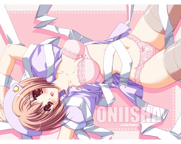 Anime picture 1280x1024 with oni isha saga planets (studio) wakamiya kaho nagahama megumi looking at viewer blush short hair open mouth light erotic red eyes brown hair lying inscription open clothes open shirt pink background arms behind head girl thighhighs underwear