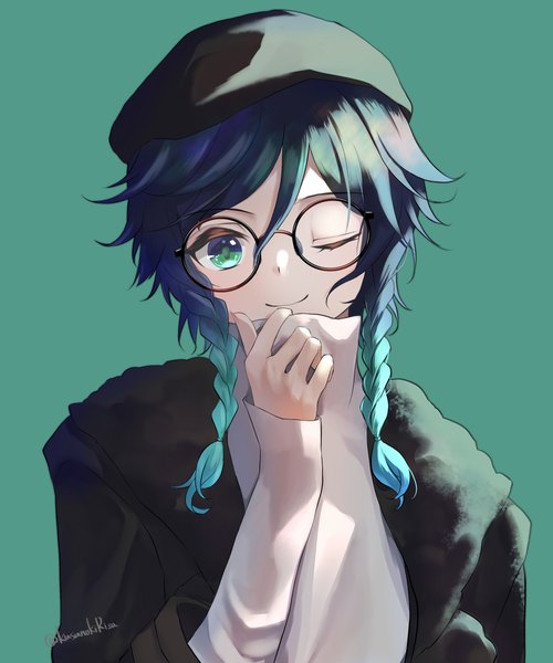 Anime picture 2500x3000 with genshin impact venti (genshin impact) kusunoki  r single tall image looking at viewer highres short hair simple background smile signed blue hair upper body braid (braids) one eye closed aqua eyes wink twitter username twin braids gradient hair