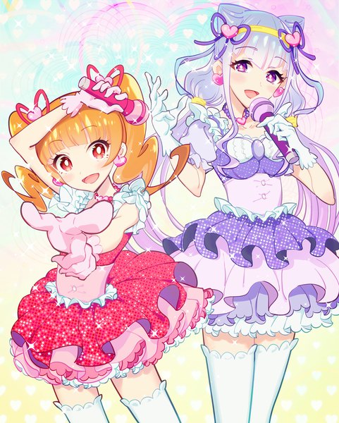 イラスト 2900x3612 と プリキュア hugっと!プリキュア 東映アニメーション ルールー・アムール 愛崎えみる ksheera 長髪 長身像 カメラ目線 赤面 前髪 highres 開いた口 simple background 笑顔 赤い目 茶色の髪 紫目 ツインテール multiple girls