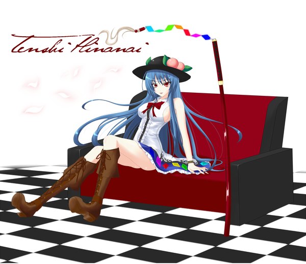 Anime picture 2000x1729 with touhou hinanawi tenshi gmot single long hair highres simple background red eyes blue hair inscription checkered floor girl weapon hat sword boots katana couch