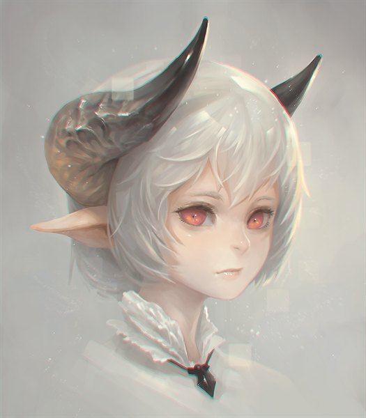 Anime picture 700x800 with original bacius single tall image looking at viewer fringe short hair simple background red eyes white hair horn (horns) lips pointy ears gradient background lens flare face anaglyph girl