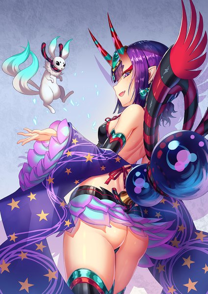 Anime picture 849x1200 with fate (series) fate/grand order shuten douji (fate) shuten douji (halloween caster) (fate) tako seijin (takos000) single tall image looking at viewer blush fringe short hair breasts open mouth light erotic simple background smile standing purple eyes bare shoulders payot