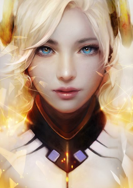 Anime picture 849x1200 with overwatch blizzard entertainment mercy (overwatch) muju single long hair tall image looking at viewer blue eyes blonde hair realistic lipstick portrait face eyeshadow pink lipstick girl