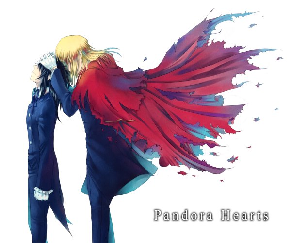 Anime picture 1200x1000 with pandora hearts xebec vincent nightray leo (pandora hearts) amazon (artist) long hair blonde hair simple background standing white background blue hair profile wind from behind multiple boys couple hug torn clothes boy gloves